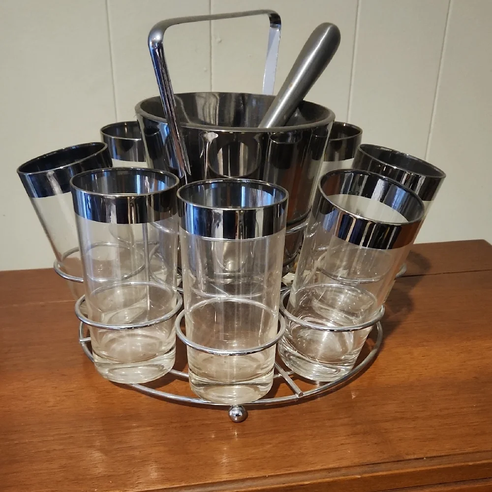 Vintage Mid-Century Modern Beverage / Cocktail Set – Glasses, Ice Bucket & Stand